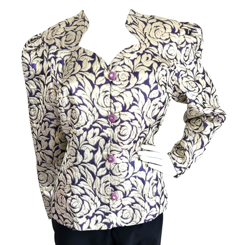 VTG 90s Karen Miller Gold Purple Rose Brocade Blazer Jacket Whimsigoth Party 14